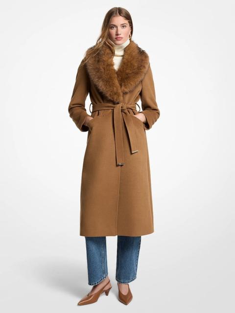 MICHAEL KORS Faux Fur Trim Wool Blend Coat