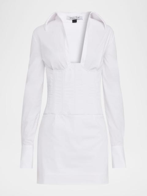LaQuan Smith Double-Collar Corset Long-Sleeve Mini Shirtdress