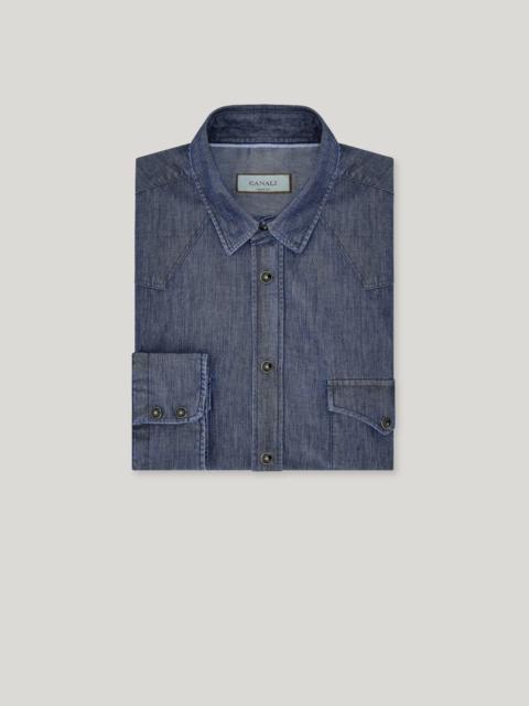 BLUE CASUAL SILK AND COTTON SHIRT WITH WESTERN POCKETS