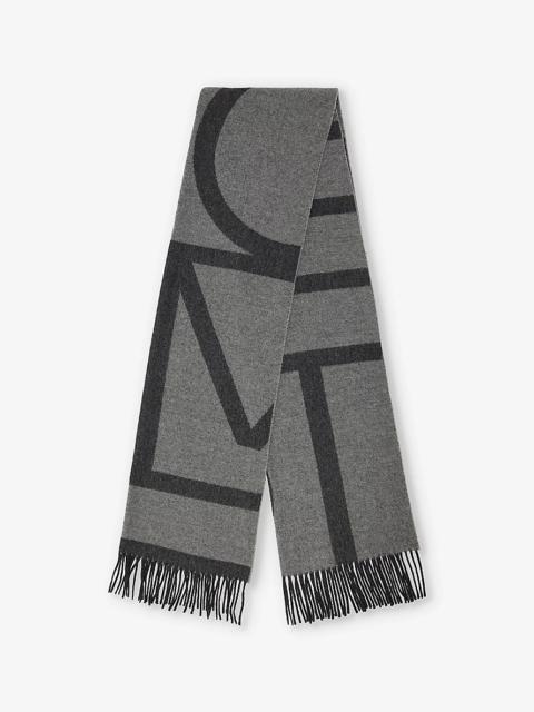 Monogram fringed wool scarf