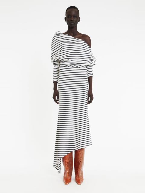A.W.A.K.E. MODE OFF SHOULDER ASYMMETRIC DRESS WHITE NAVY STRIPE