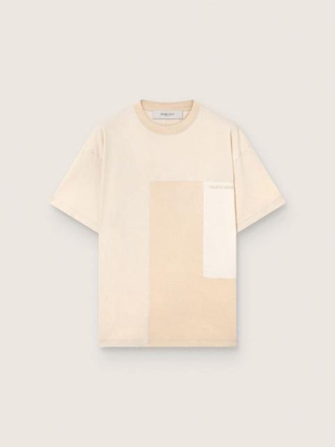 Golden Goose Men's T-shirt in cotton jersey with white and beige patchwork effect