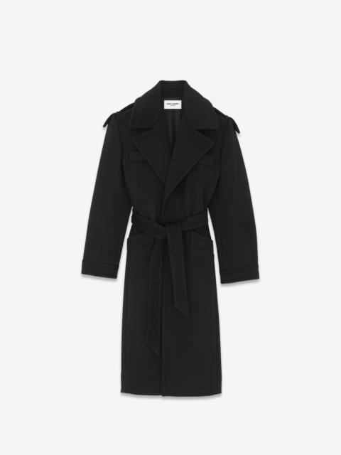 SAINT LAURENT belted coat in cashmere and wool