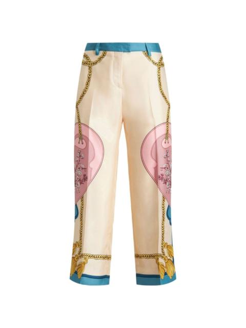 satin-finish printed trousers