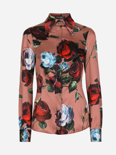 Satin shirt with vintage rose print
