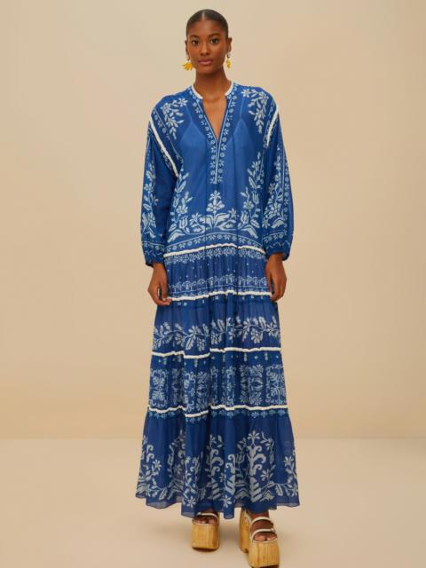 FARM RIO Blue Tropical Cross Stitch Tiered Maxi Dress