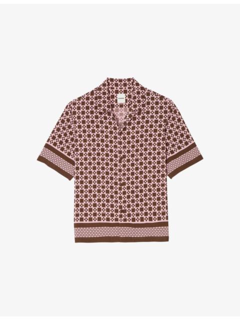 Sandro Square Cross-Print Short-Sleeve Satin Shirt
