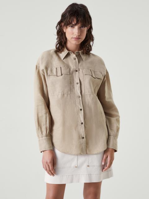 Garment-dyed shirt in linen and cotton pinpoint with shiny band pockets