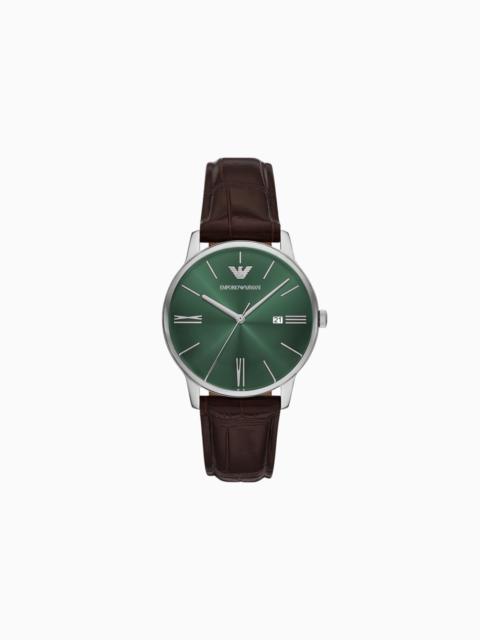 EMPORIO ARMANI THREE-HAND DATE BROWN LEATHER WATCH