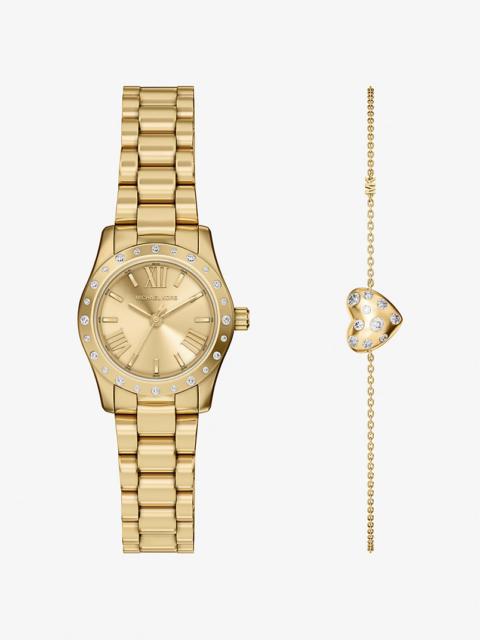 MICHAEL KORS Petite Lexington Pavé Gold Watch and Heart Bracelet Gift Set