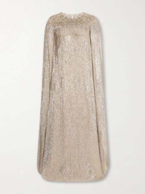 Oscar de la Renta Cape-effect Crystal And Sequin-embellished Tulle-trimmed Lamé Gown