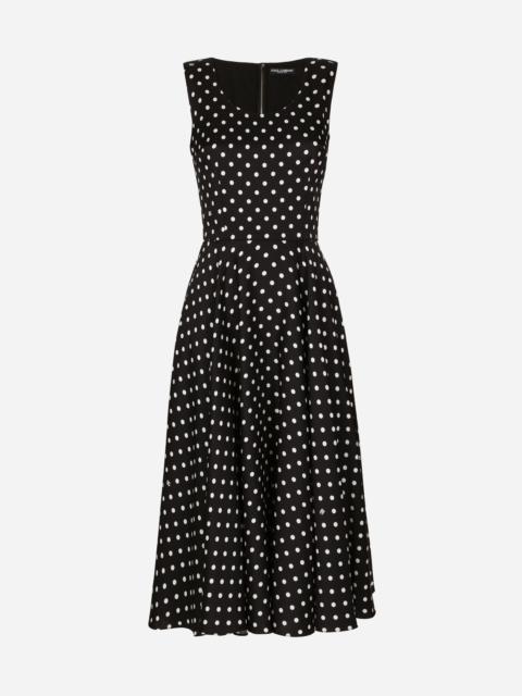 Silk charmeuse calf-length circle-skirt dress with polka-dot print