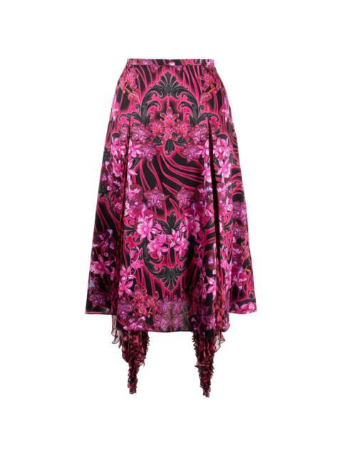 Orchid Barocco-print asymmetric silk skirt