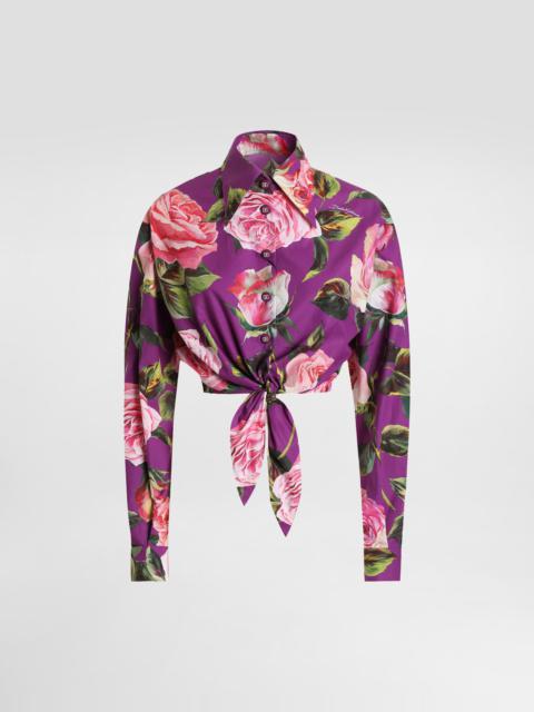 Cotton pussy-bow shirt with rose print