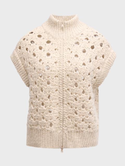 High-Neck Paillette Round Open-Weave Zip Cardigan