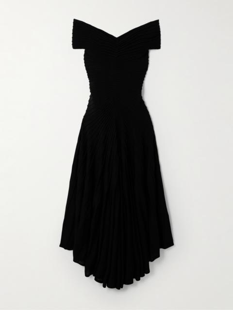 Alaïa Off-the-shoulder Asymmetric Ribbed Wool Midi Dress