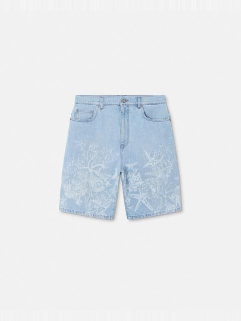 VERSACE Lasered Barocco Sea Denim Shorts