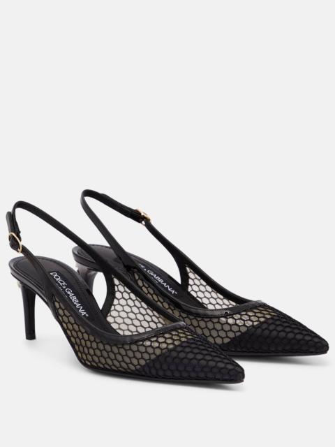 Mesh-trimmed leather slingback pumps