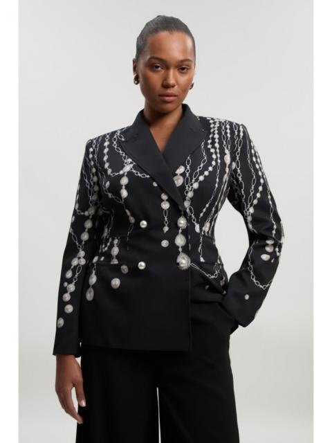 KAREN MILLEN Archive Collection - Plus Size Pearl Chain Print Satin Double Breasted Tailored Blazer