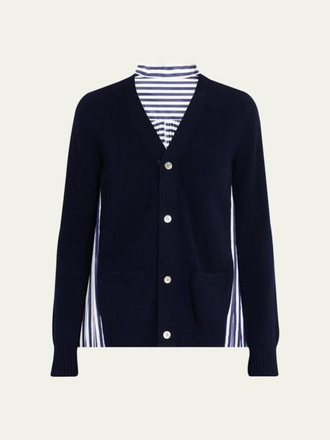 sacai Wool Knit And Cotton Poplin V-Neck Cardigan