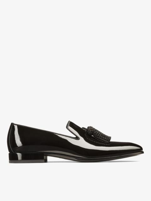 JIMMY CHOO Foxley/M
Black Patent Slip-On Shoes with Crystal Tassels
