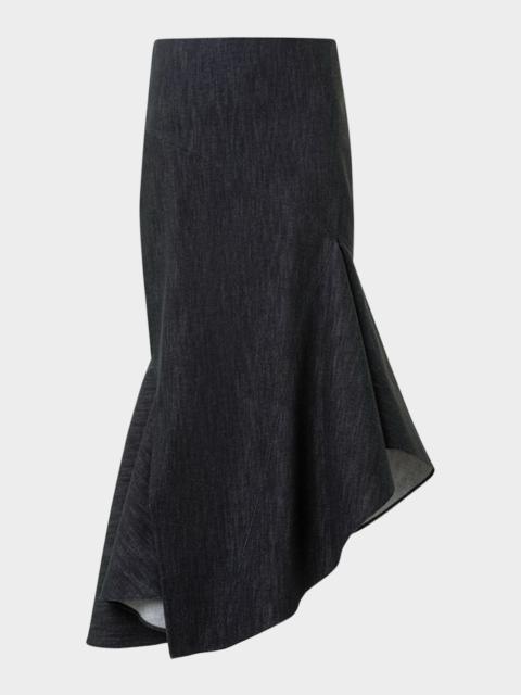 AKRIS Asymmetric Flared-Hem Stretch Denim Midi Skirt