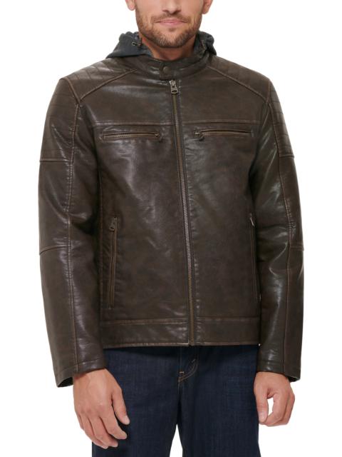 Faux Leather Hooded Moto Racer Jacket