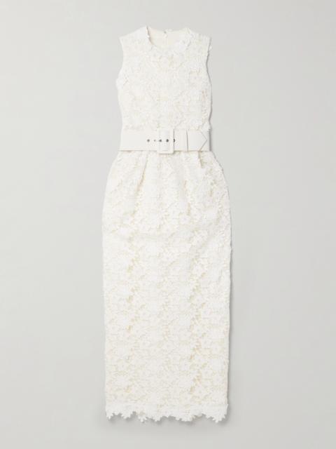 Safiyaa Alani Belted Pleated Guipure Lace Midi Dress