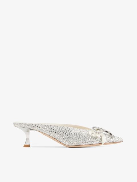 JIMMY CHOO Auria Mule 50
Ivory Satin and Princess Crystal Hotfix Mules