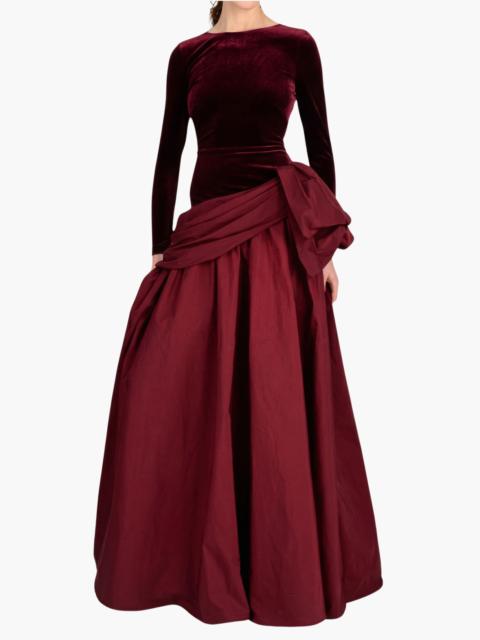 Marchesa STRETCH VELVET LONG SLEEVE DRAPED BOW GOWN