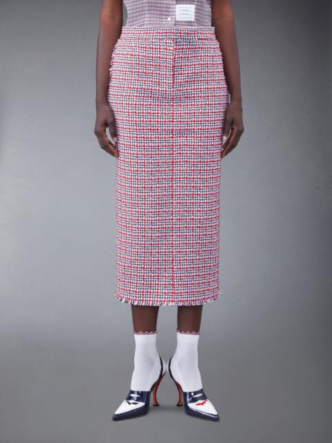 Thom Browne Check Summer Tweed Fray Maxi Low Rise Pencil Skirt