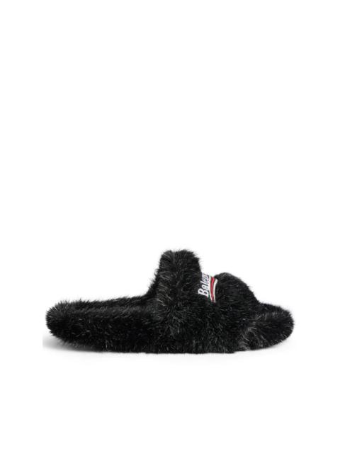 Furry logo-embroidered slides