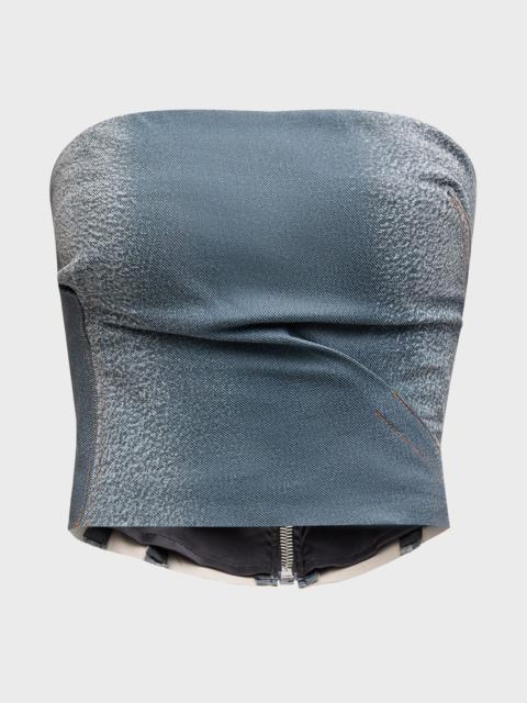 Denim-Printed Leather Strapless Crop Bustier Top