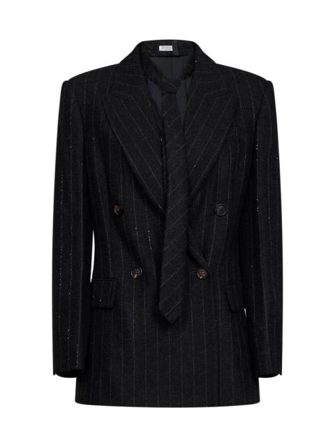 Brunello Cucinelli Anthracite sequin pinstriped wool-blend blazer with tie