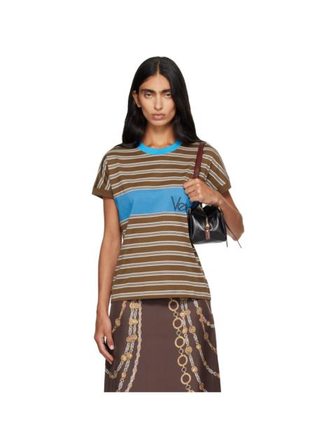 VERSACE Brown & Blue Embroidered-Logo Striped-Intarsia Cotton T-shirt