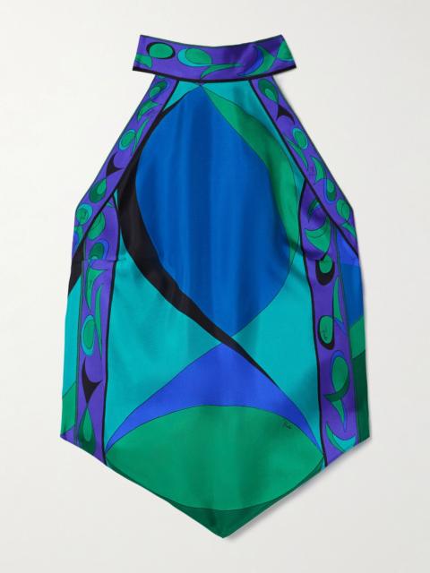 PUCCI Cropped printed silk-twill halterneck top Blue