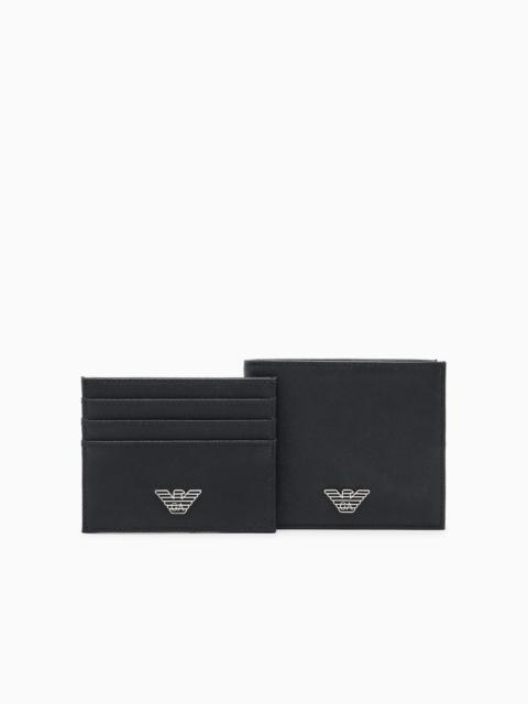 EMPORIO ARMANI ASV gift box containing regenerated Saffiano leather wallet and card holder with eagle plate
