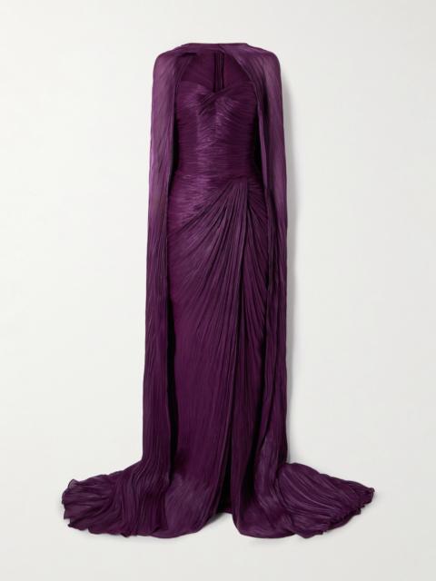 MARMAR HALIM Cape-effect Plissé Silk-satin Gown