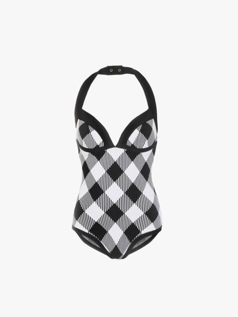 Black and white gingham-print knit bodysuit