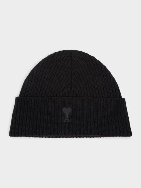 AMI Paris Men's Wool Rib-Knit Ami De Coeur-Embroidered Beanie Hat