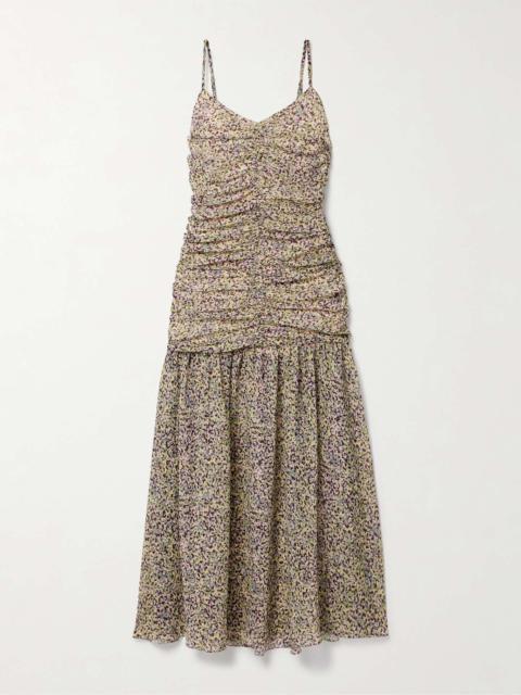 KIKA VARGAS Pamela ruched floral-print chiffon maxi dress Purple
