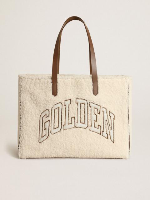 Golden Goose East-West California Bag in white faux fur with Golden lettering and contrasting handles