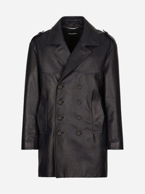 Double-breasted leather pea coat