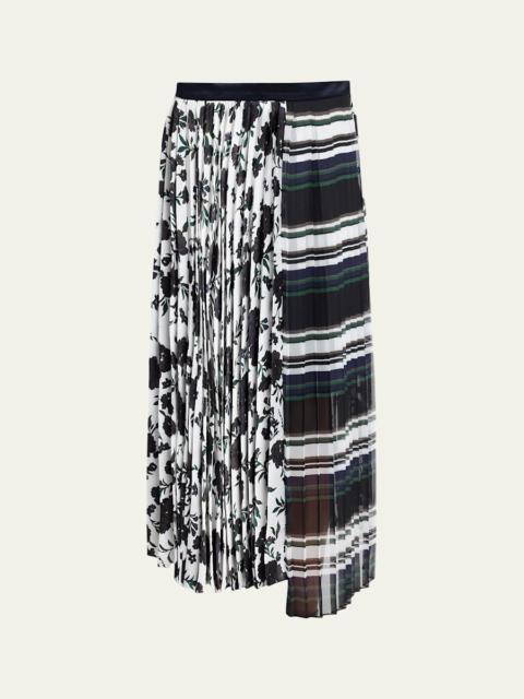 sacai Mixed-Print Pleated Midi Skirt
