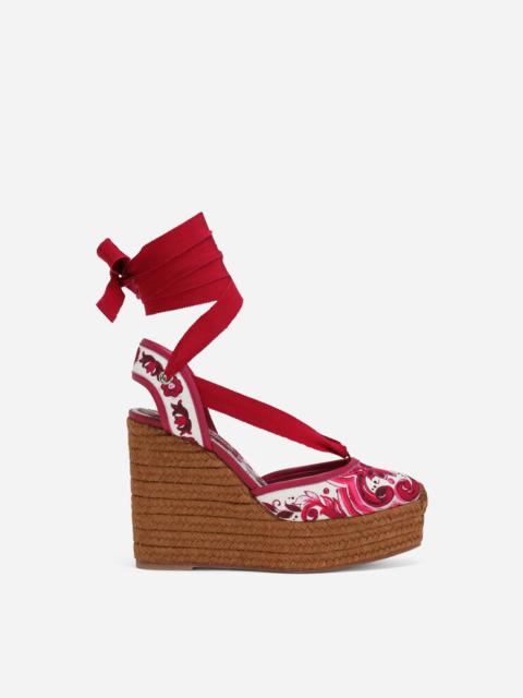 Printed brocade fabric wedge sandals