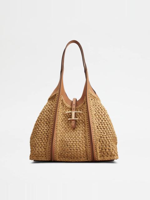 Tod's T TIMELESS SHOPPING BAG IN RAFFIA AND LEATHER MEDIUM - BEIGE, BROWN