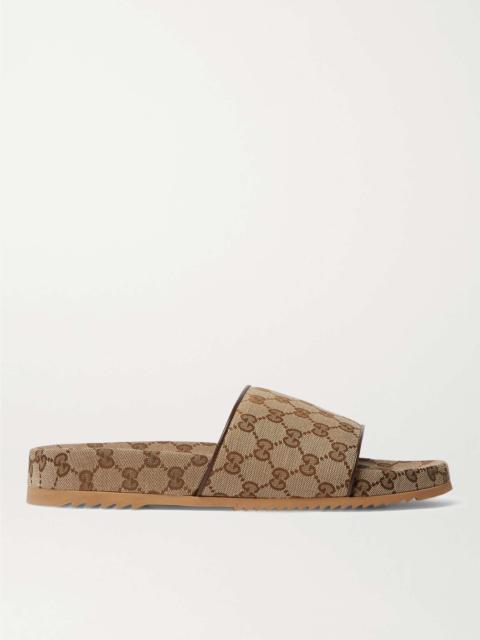 GUCCI Leather-Trimmed Monogrammed Canvas Slides