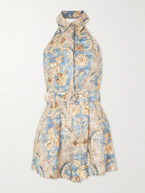 Zimmermann Daylight Belted Printed Linen Halterneck Playsuit
