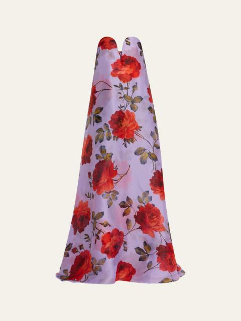 CAROLINA HERRERA Plunging Strapless Rosette-Print Silk Chiffon Gown