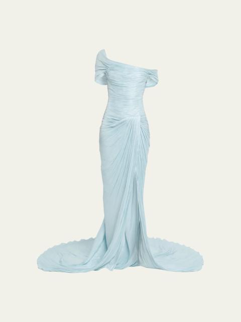 MARMAR HALIM Off-The-Shoulder Pleated Satin Twisted Slit Gown